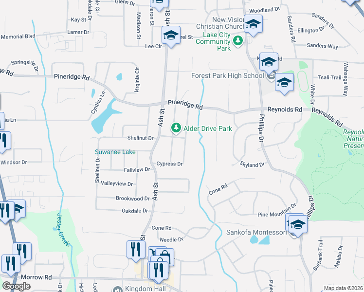 map of restaurants, bars, coffee shops, grocery stores, and more near 5658 Alder Drive in Forest Park