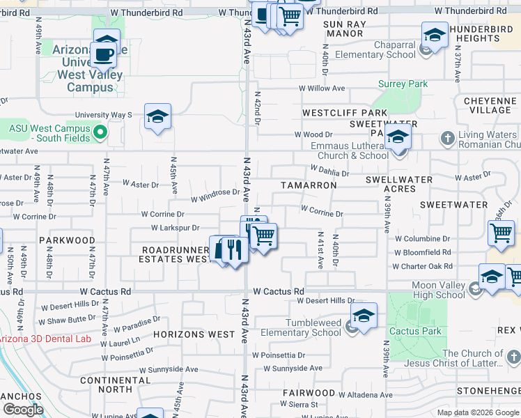 map of restaurants, bars, coffee shops, grocery stores, and more near 12601 North 42nd Drive in Phoenix