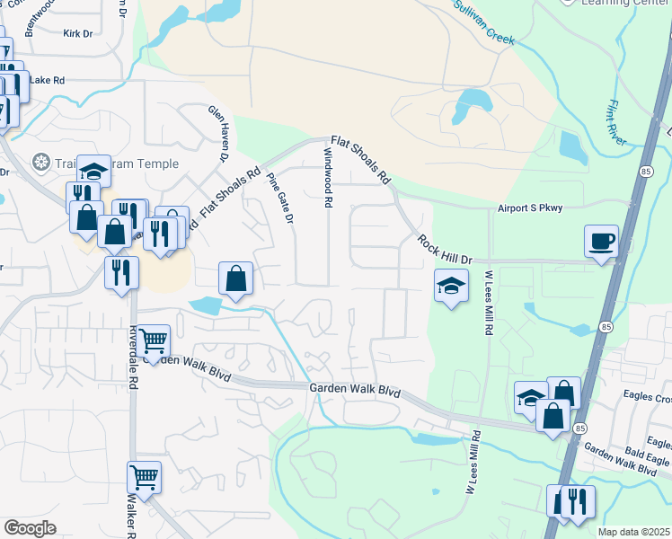 map of restaurants, bars, coffee shops, grocery stores, and more near 5634 Windwood Road in Atlanta