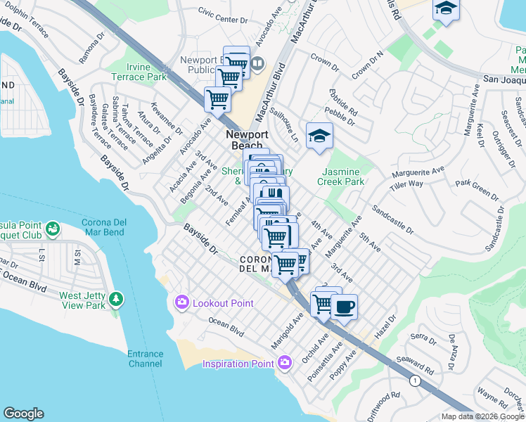 map of restaurants, bars, coffee shops, grocery stores, and more near 2801 East Coast Hwy in Corona Del Mar