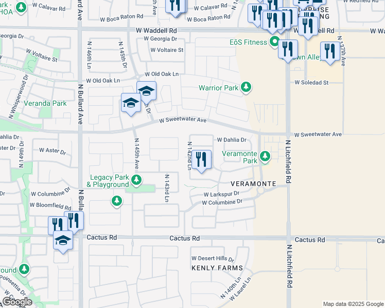 map of restaurants, bars, coffee shops, grocery stores, and more near 14260 West Windrose Drive in Surprise