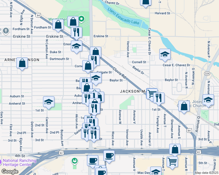 map of restaurants, bars, coffee shops, grocery stores, and more near 210 North University Avenue in Lubbock