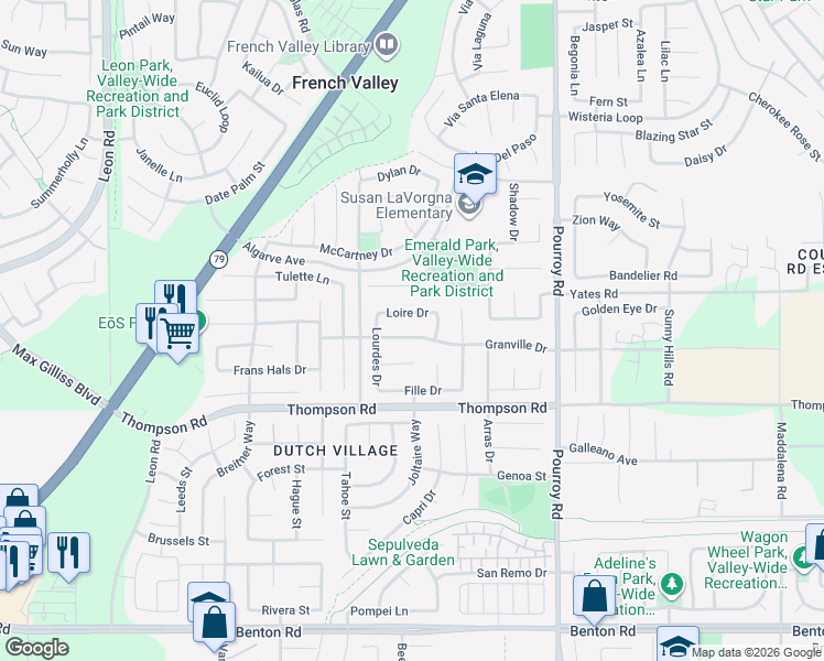map of restaurants, bars, coffee shops, grocery stores, and more near 31671 Granville Drive in Winchester