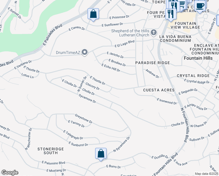 map of restaurants, bars, coffee shops, grocery stores, and more near 15829 Chicory Drive in Fountain Hills