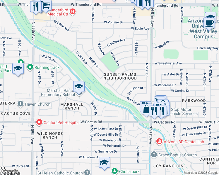 map of restaurants, bars, coffee shops, grocery stores, and more near 5403 West Columbine Drive in Glendale