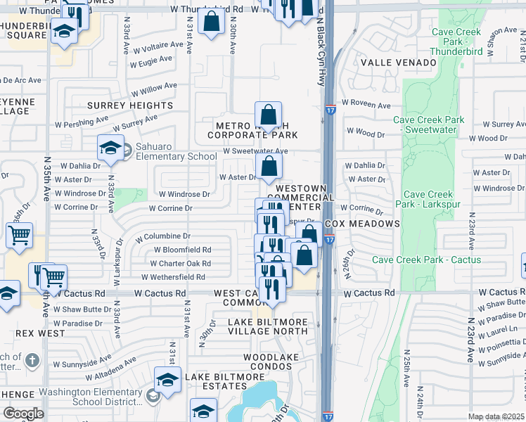 map of restaurants, bars, coffee shops, grocery stores, and more near 12453 North 29th Avenue in Phoenix