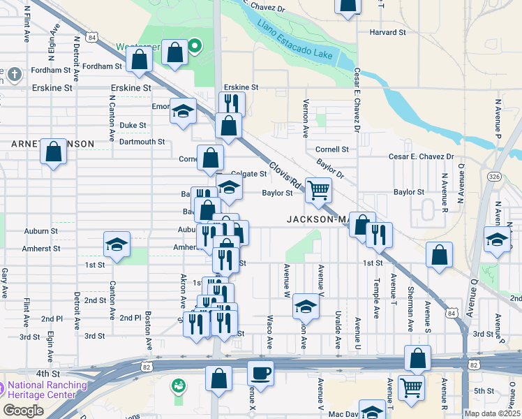 map of restaurants, bars, coffee shops, grocery stores, and more near 2350-2472 Auburn Street in Lubbock
