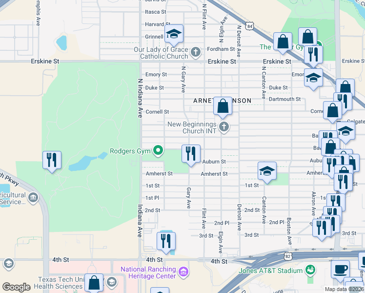 map of restaurants, bars, coffee shops, grocery stores, and more near 3200 Bates Street in Lubbock