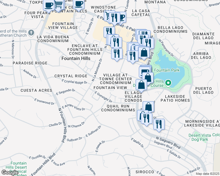 map of restaurants, bars, coffee shops, grocery stores, and more near 16820 East El Lago Boulevard in Fountain Hills