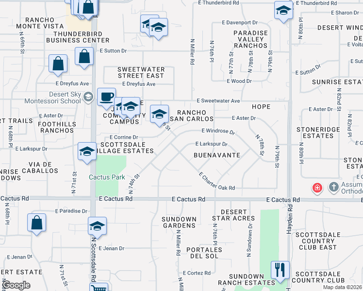 map of restaurants, bars, coffee shops, grocery stores, and more near 7513 East Larkspur Drive in Scottsdale