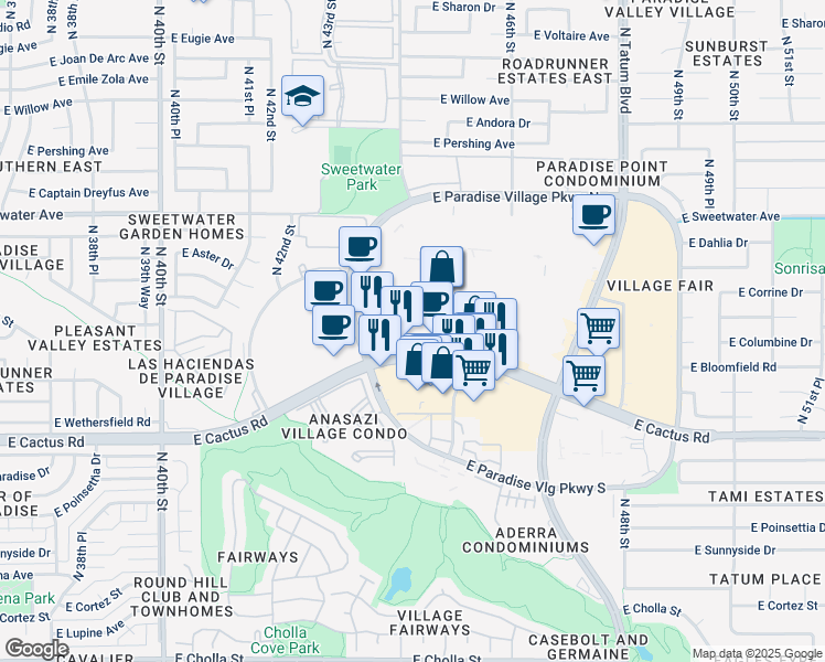 map of restaurants, bars, coffee shops, grocery stores, and more near 4512 East Cactus Road in Phoenix