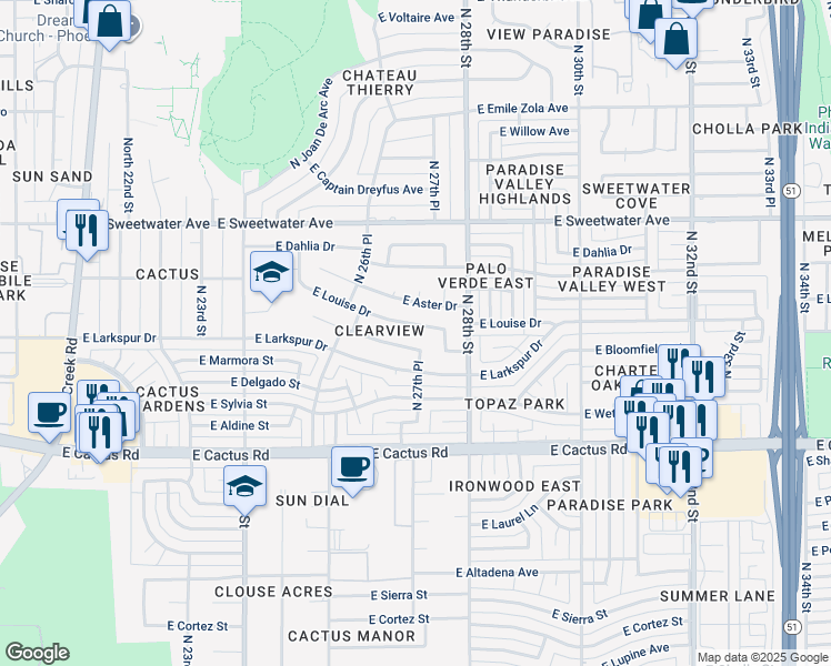 map of restaurants, bars, coffee shops, grocery stores, and more near 2637 East Corrine Drive in Phoenix