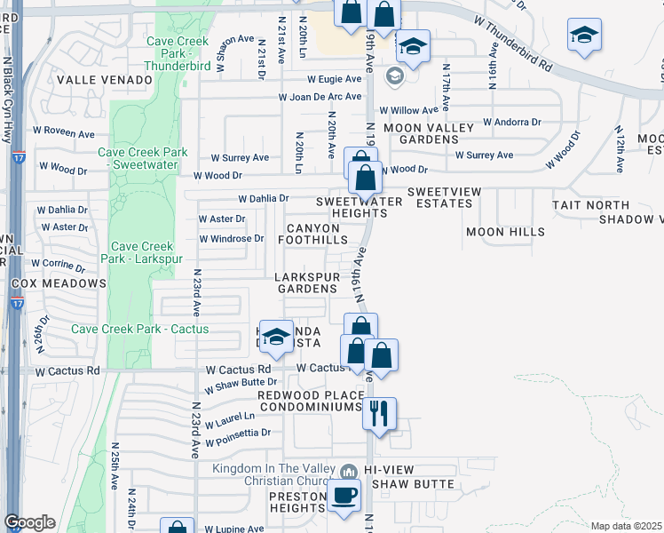 map of restaurants, bars, coffee shops, grocery stores, and more near 1946 West Larkspur Drive in Phoenix