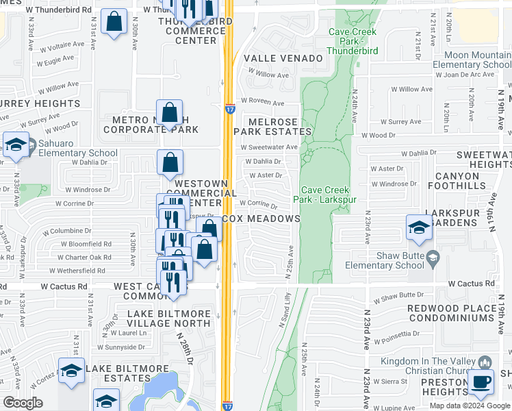 map of restaurants, bars, coffee shops, grocery stores, and more near 2538 West Larkspur Drive in Phoenix