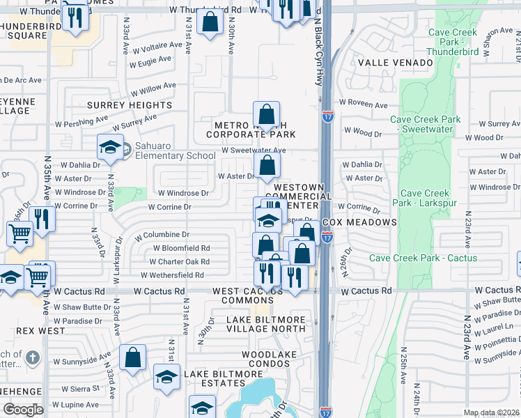 map of restaurants, bars, coffee shops, grocery stores, and more near 12453 North 29th Avenue in Phoenix