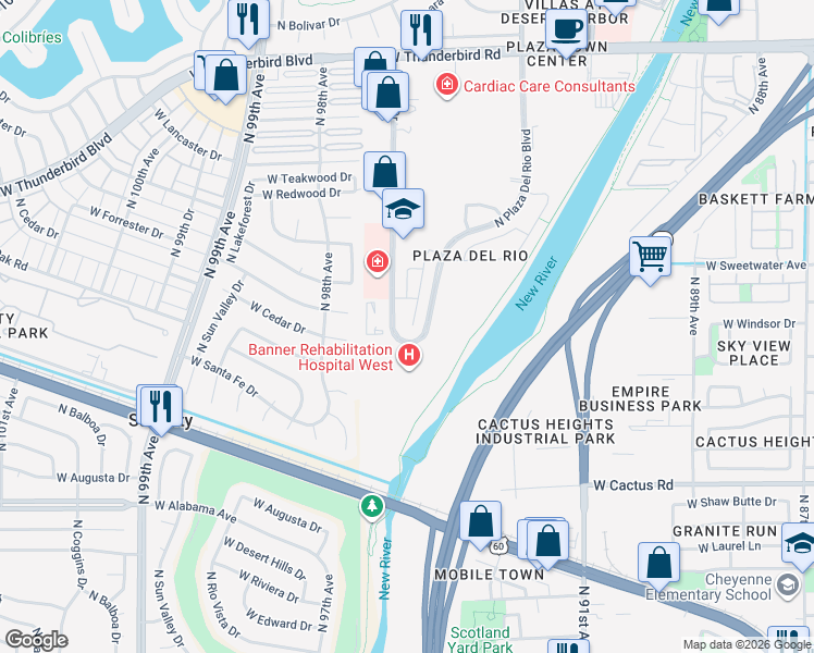 map of restaurants, bars, coffee shops, grocery stores, and more near 12800 North 93rd Drive in Peoria