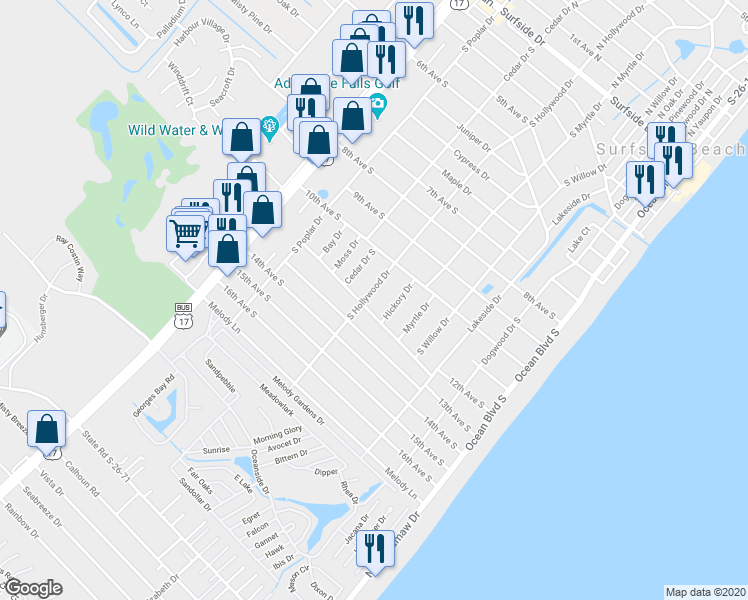 map of restaurants, bars, coffee shops, grocery stores, and more near 1028 Hickory Drive in Surfside Beach
