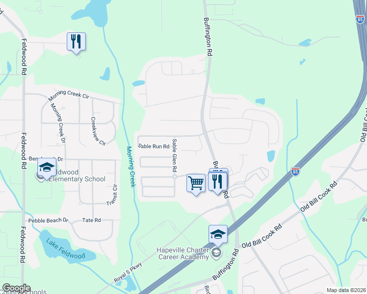map of restaurants, bars, coffee shops, grocery stores, and more near 5740 Sable Glen Road in Atlanta
