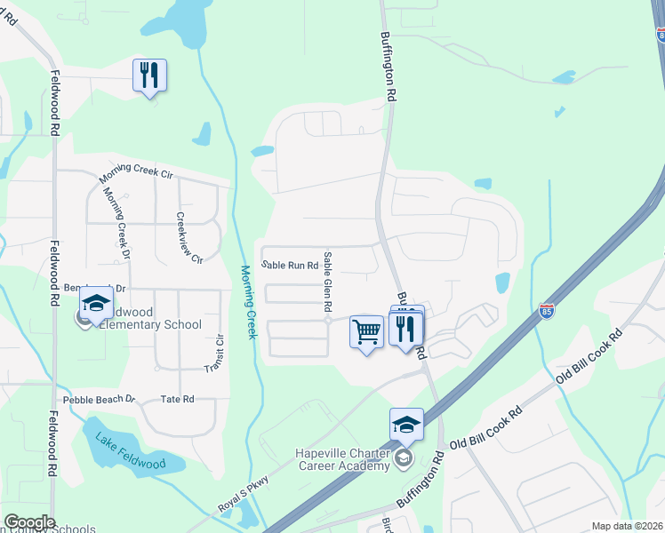 map of restaurants, bars, coffee shops, grocery stores, and more near 5740 Sable Glen Road in Atlanta