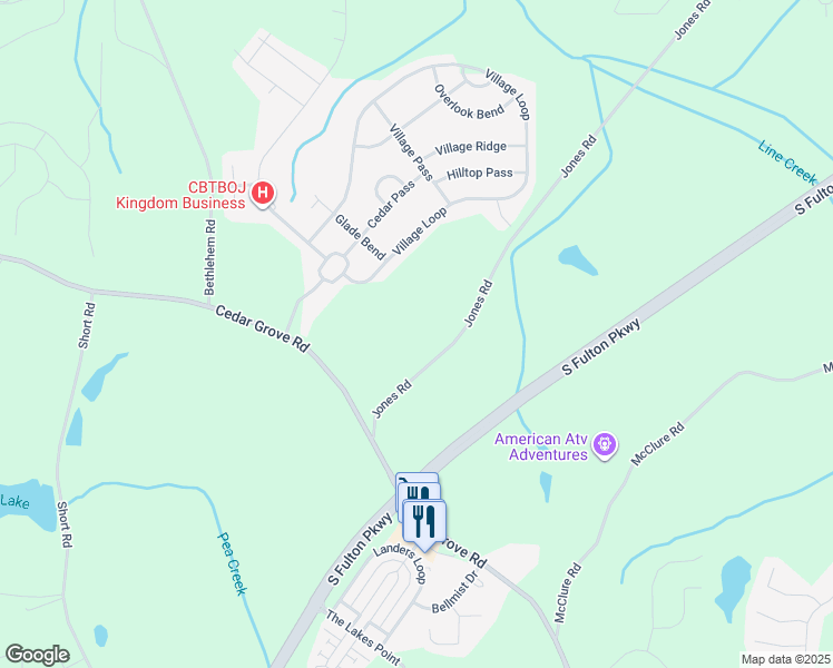 map of restaurants, bars, coffee shops, grocery stores, and more near 7765 Jones Road in Fairburn