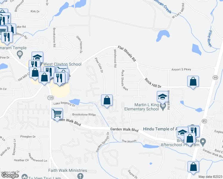 map of restaurants, bars, coffee shops, grocery stores, and more near 5631 Windwood Road in Atlanta