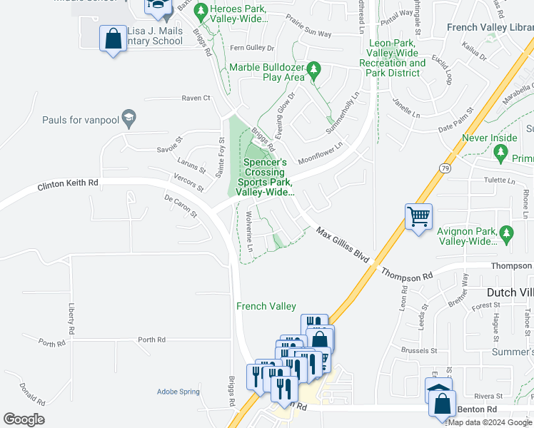 map of restaurants, bars, coffee shops, grocery stores, and more near 35781 Bobcat Way in Murrieta