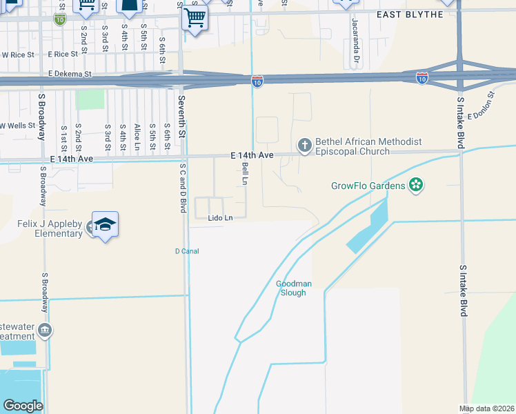 map of restaurants, bars, coffee shops, grocery stores, and more near 633 Williams Road in Blythe