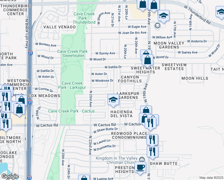 map of restaurants, bars, coffee shops, grocery stores, and more near 2149 West Larkspur Drive in Phoenix