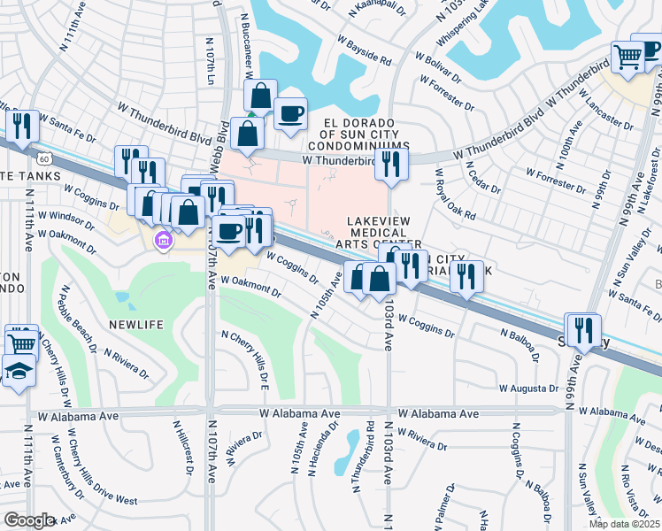 map of restaurants, bars, coffee shops, grocery stores, and more near 12626 North 105th Avenue in Sun City