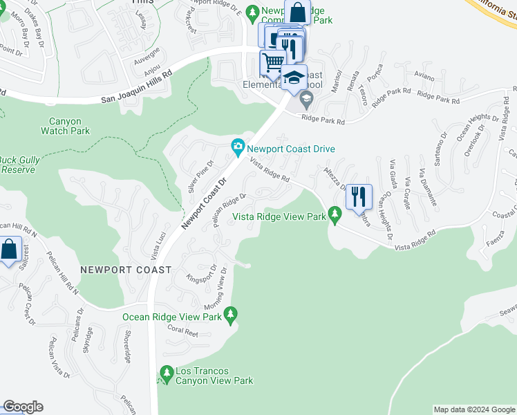 map of restaurants, bars, coffee shops, grocery stores, and more near 4 Clearview in Newport Beach