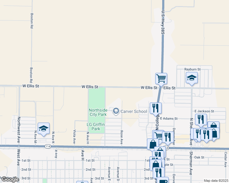 map of restaurants, bars, coffee shops, grocery stores, and more near 200 West Ellis Street in Levelland