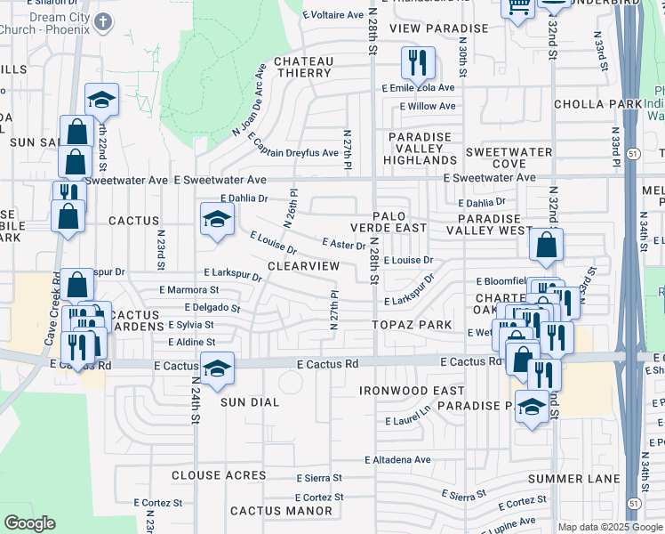 map of restaurants, bars, coffee shops, grocery stores, and more near 2637 East Corrine Drive in Phoenix