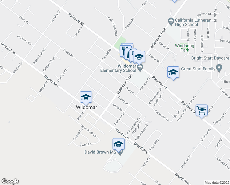 map of restaurants, bars, coffee shops, grocery stores, and more near 32745 Central Street in Wildomar
