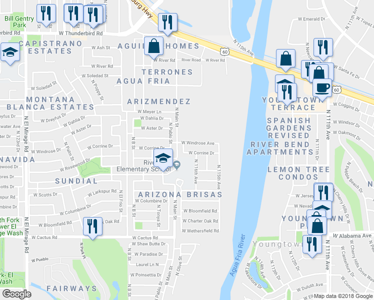 map of restaurants, bars, coffee shops, grocery stores, and more near 11622 West Corrine Drive in El Mirage