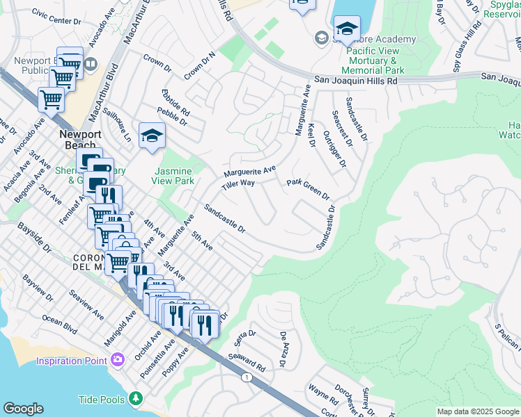 map of restaurants, bars, coffee shops, grocery stores, and more near 3620 Seabreeze Lane in Newport Beach