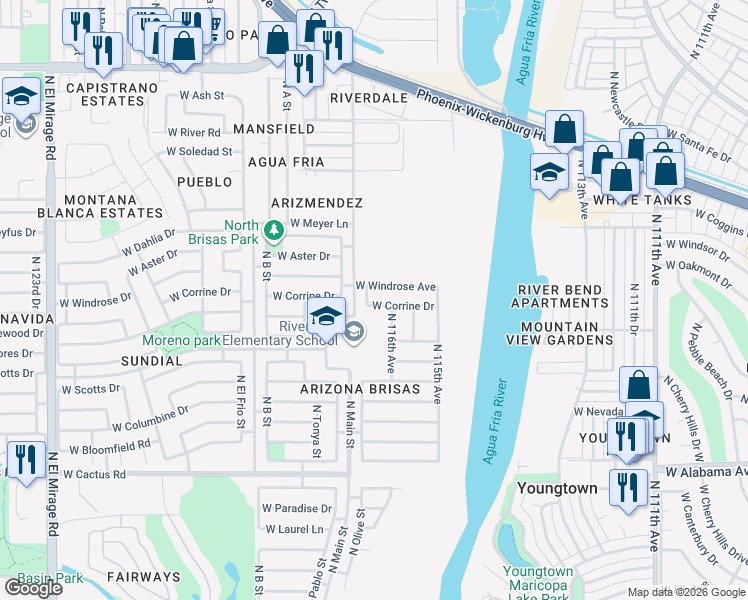 map of restaurants, bars, coffee shops, grocery stores, and more near 11622 West Corrine Drive in El Mirage