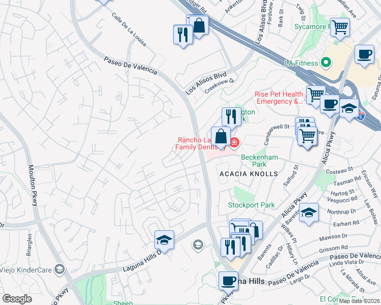 map of restaurants, bars, coffee shops, grocery stores, and more near 654 Avenida Sevilla in Laguna Woods
