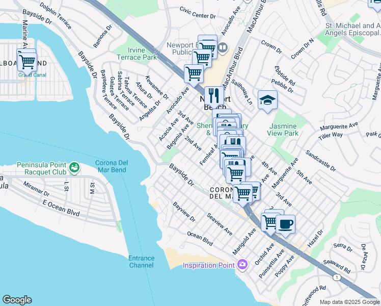 map of restaurants, bars, coffee shops, grocery stores, and more near 429 Dahlia Avenue in Newport Beach