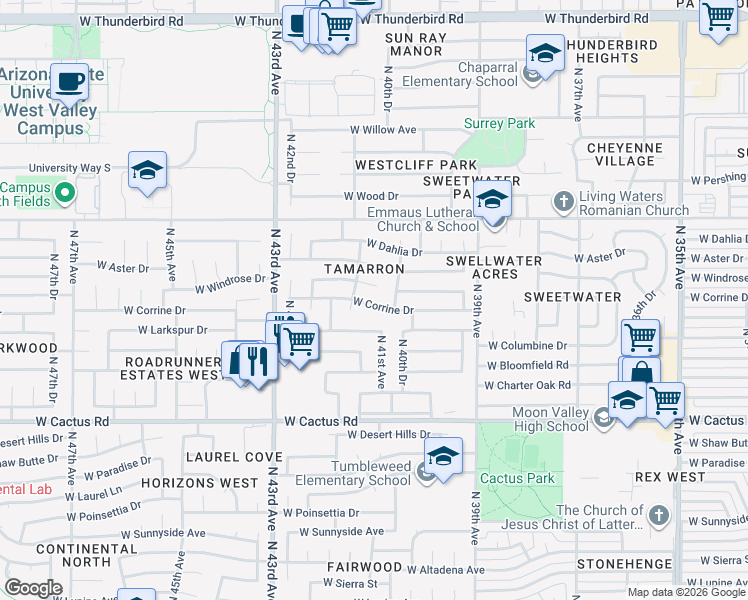 map of restaurants, bars, coffee shops, grocery stores, and more near 4124 West Columbine Drive in Phoenix