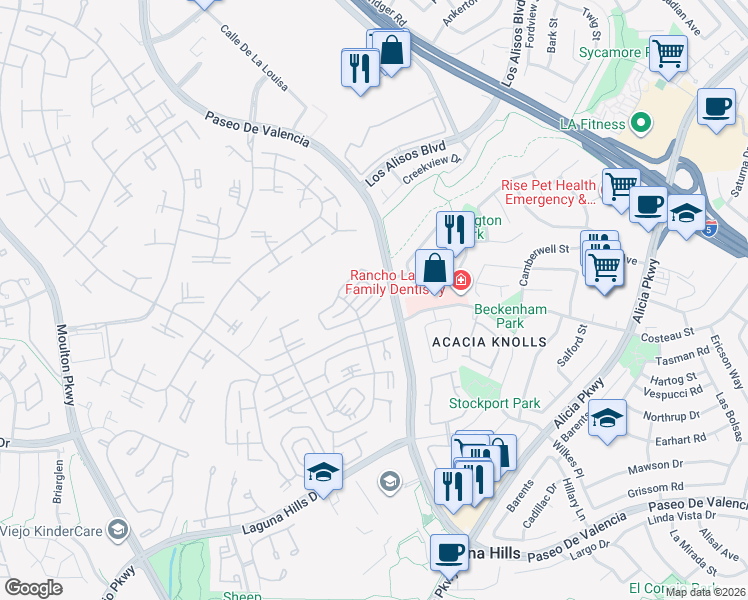 map of restaurants, bars, coffee shops, grocery stores, and more near 654 Avenida Sevilla in Laguna Woods