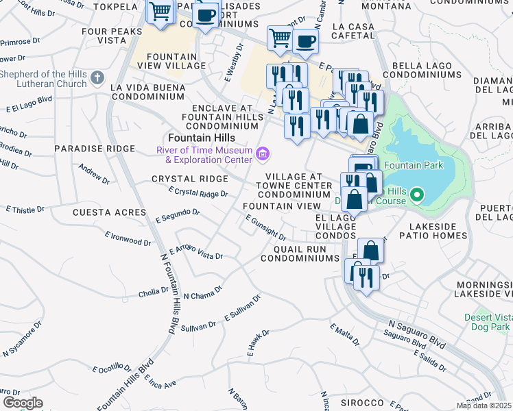 map of restaurants, bars, coffee shops, grocery stores, and more near 16528 East Gunsight Drive in Fountain Hills