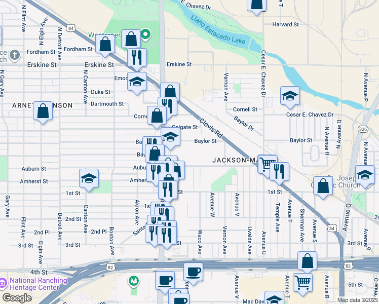 map of restaurants, bars, coffee shops, grocery stores, and more near 2350 Auburn Street in Lubbock