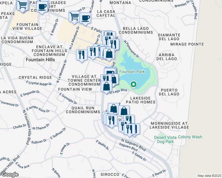 map of restaurants, bars, coffee shops, grocery stores, and more near 16945 East El Lago Boulevard in Fountain Hills