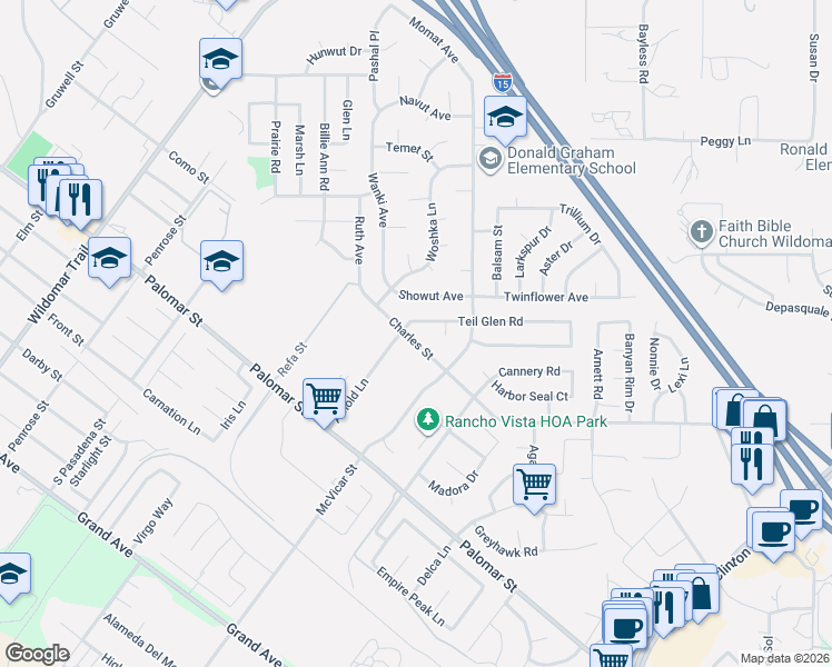 map of restaurants, bars, coffee shops, grocery stores, and more near 22866 Charles Street in Wildomar