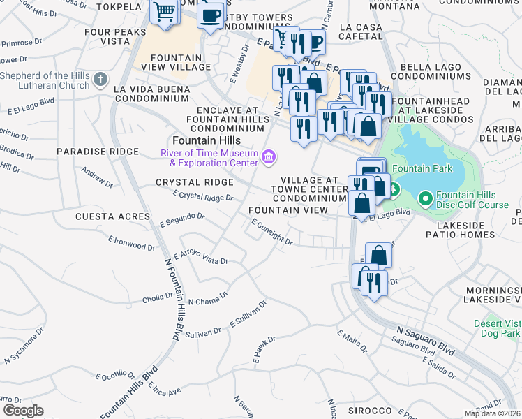 map of restaurants, bars, coffee shops, grocery stores, and more near 16528 East Gunsight Drive in Fountain Hills