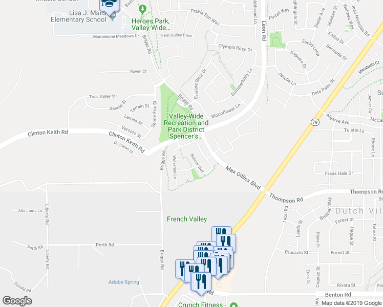 map of restaurants, bars, coffee shops, grocery stores, and more near 35787 Bobcat Way in Murrieta