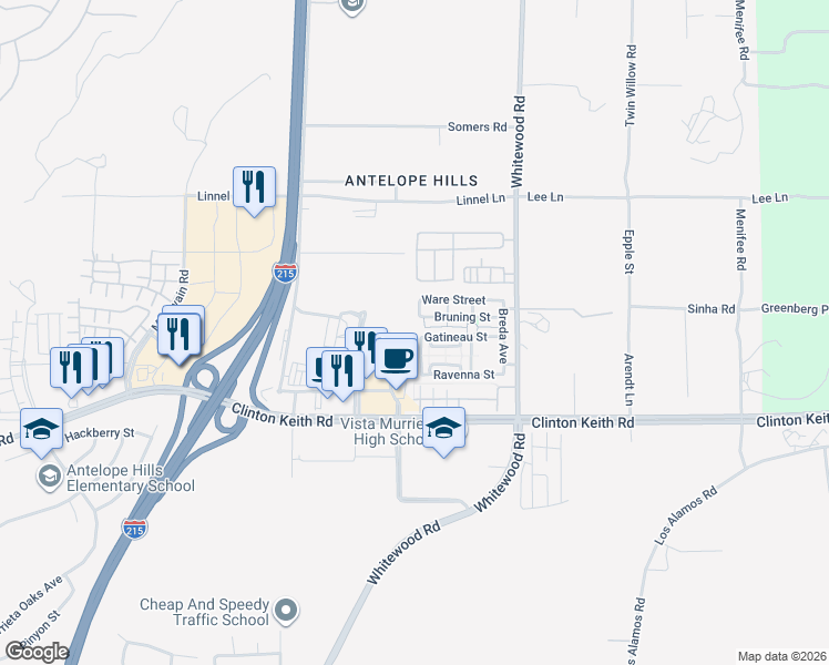 map of restaurants, bars, coffee shops, grocery stores, and more near 35731 Gatineau Street in Murrieta
