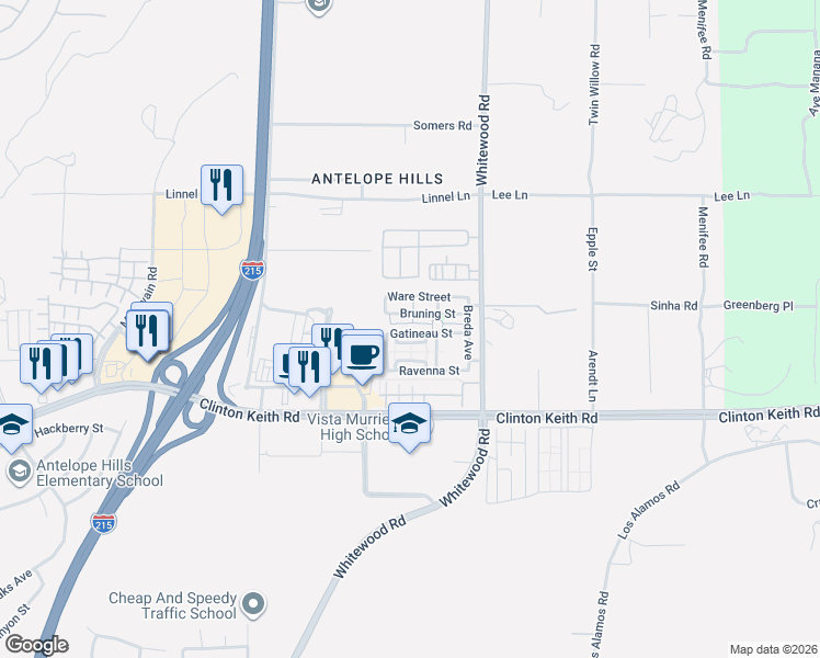 map of restaurants, bars, coffee shops, grocery stores, and more near 28336 Gatineau Street in Murrieta