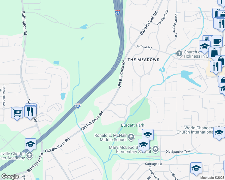 map of restaurants, bars, coffee shops, grocery stores, and more near 5685 Old Bill Cook Road in Atlanta