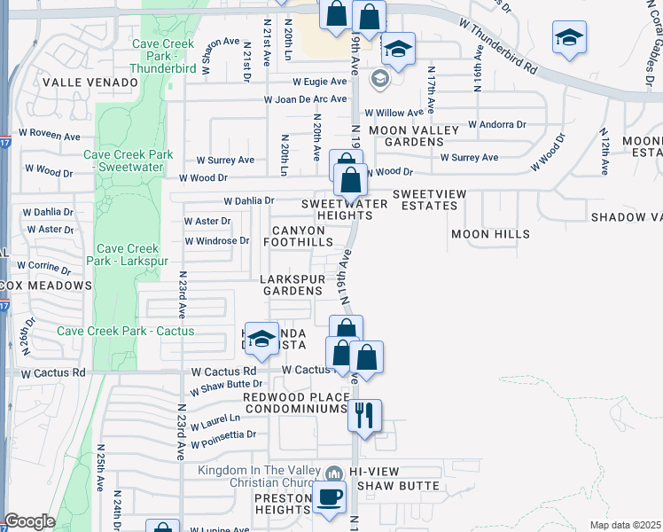 map of restaurants, bars, coffee shops, grocery stores, and more near 1946 West Larkspur Drive in Phoenix
